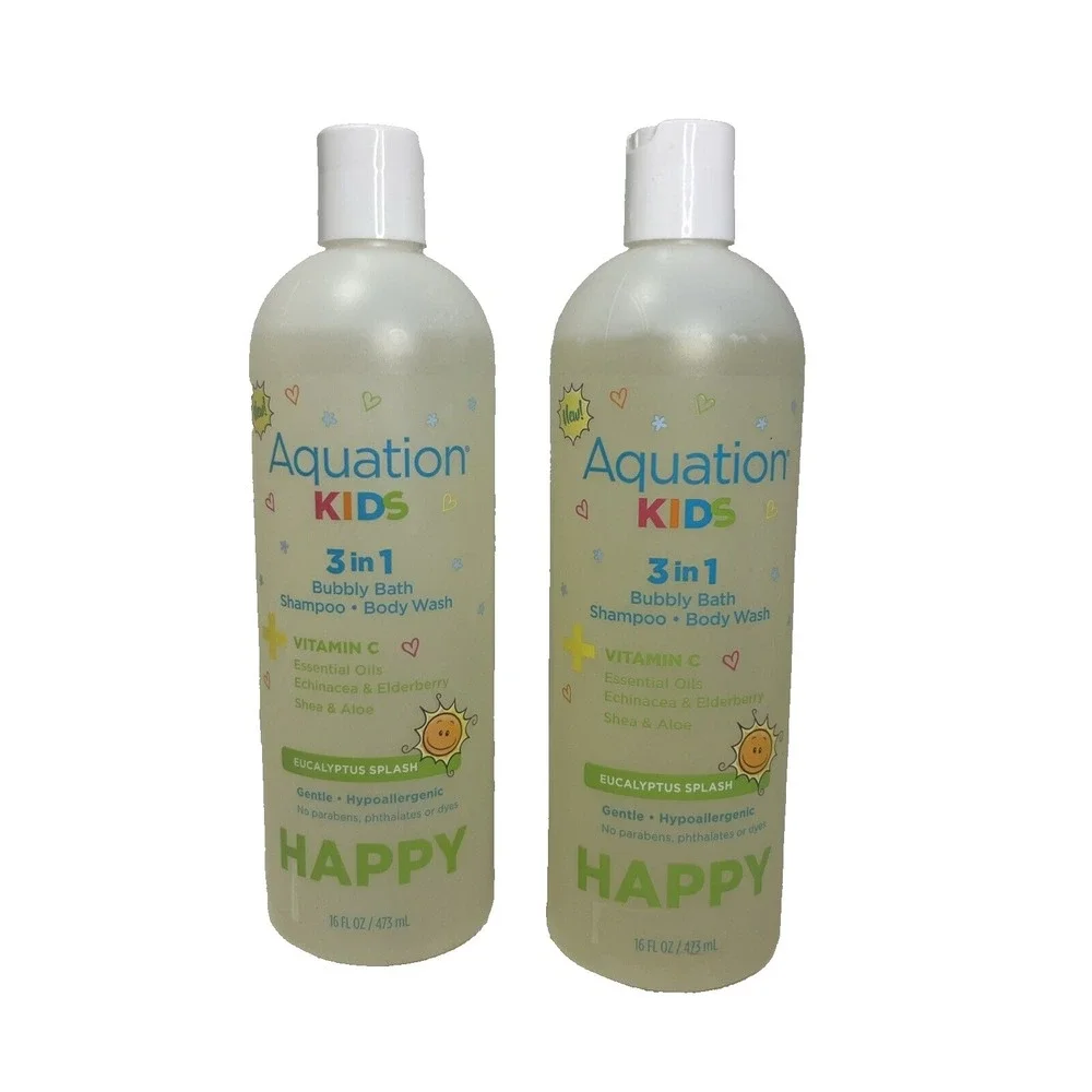 (2) Aquation Kids 3 in 1 HAPPY Bubbly Bath, Shampoo & Body Wash 16 Oz Eucalyptus